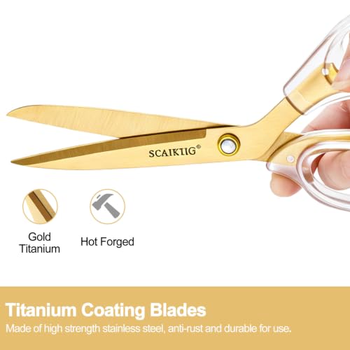 SCAIKTIG 9" Acrylic Scissors, Office Scissors for Desk Gold, Clear Comfort-Grip Handles and Titanium Coated Blades, Sharp Scissors all Purpose Heavy Duty for Sewing, Art, Craft, School, Home Supplies - color: Transparent + Gold, size: 1-Pack(9.4")