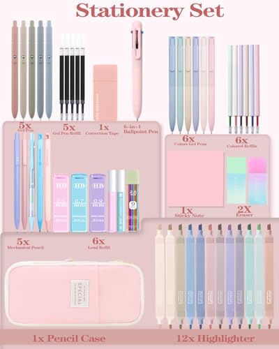 JIZHIYUAN 54PC Aesthetic School Supplies with Pink Pencil Case for Students - color: Pink