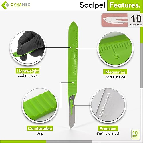 Cynamed Disposable Scalpel Blades| Sharp, Tempered Stainless-Steel Blades | Pack of 10 Sterile Scalpel Knives| Plastic Handle| Individual Pouches| for Dermaplaining, Crafts & More (No.10) - style: No.10