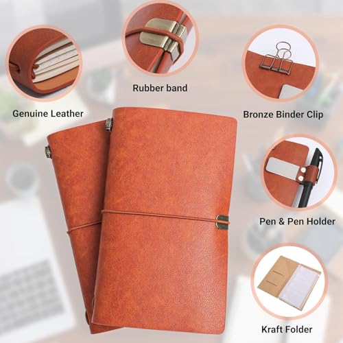 Refillable Journal Travelers Notebook - 7.8 x 4.7 Travel Diary made of PU leather, with 5 Inserts, add 2 Pens and pen Holder and Binder Clip and Transparent Card insertion bag with storage case (2 sets) - size: 2 Sets