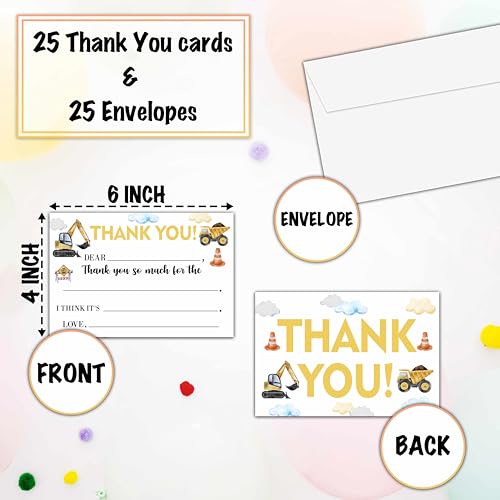 Construction Thank You Cards, Dump Truck Themed Fill In The Blank Thank You Card, Thank You Notes for Boys and Girls, Birthday Party/Baby Shower Favors (20 Set of Cards with Envelopes) - B16 - color: Construction