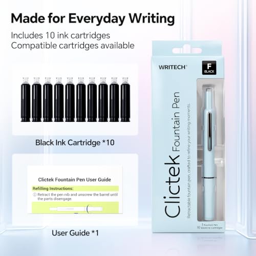 WRITECH Clictek Fountain Pen Fine: Retractable Black Ink with 10 Cartridges - color: Blue