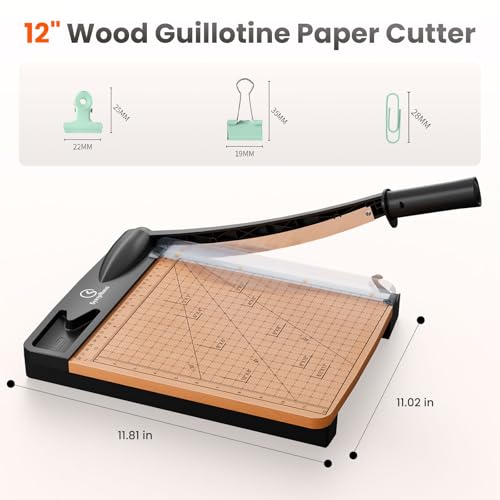 12 Inch Heavy Duty Paper Cutter, Wood Base Guillotine Paper Trimmer