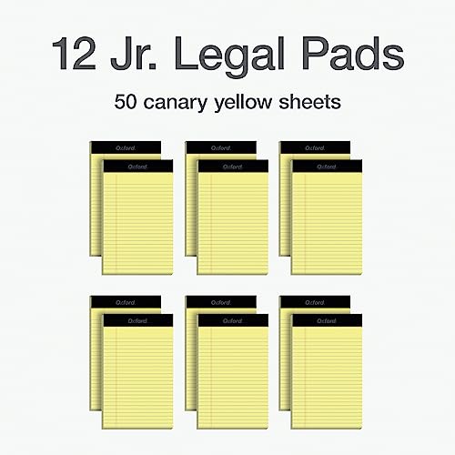Oxford Premium Legal Pads, 12 Pack, Premium Note Pads, 50 Jr. Legal Ruled 5" x 8" Sheets, Canary Yellow Paper with Firm Back, Small Portable Notepads - size: 5 x 8