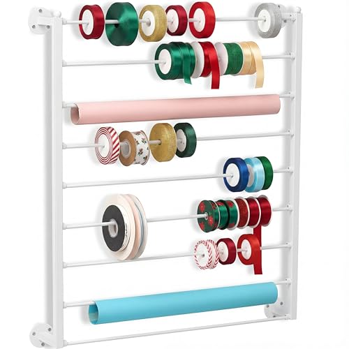 Menkxi 9 Tier Wall Mounted Ribbon Organizer Metal Ribbon Holder,White | Wrapping Paper Storage for Sewing Craft Mesh Thread Tape Wreath Crochet Craft Room Flower Shop, Thanksgiving, Halloween Gift - color: White