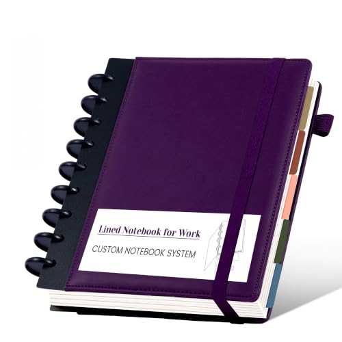 Hardcover Refillable Journal Notebook with Removable Divider Tabs, 300 Pages Leather 5 Subject Discbound Notebook College Ruled for Work School Note Taking,7.5x10" Lined Journal for Men & Women,purple - color: Purple, size: Medium