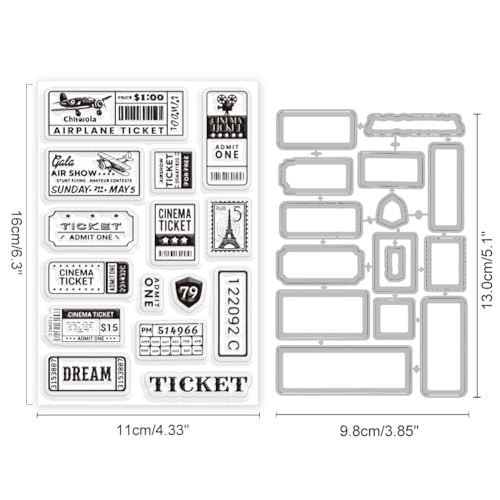 INFUNLY 2 Set Vintage Tickets Clear Stamps and Dies Airplane Receipts Stamp and Die Cuts Retro Stamps Labels Silicone Stamp Borders Embossing Template for Card Making DIY Scrapbooking Album Decor - style: Tickets