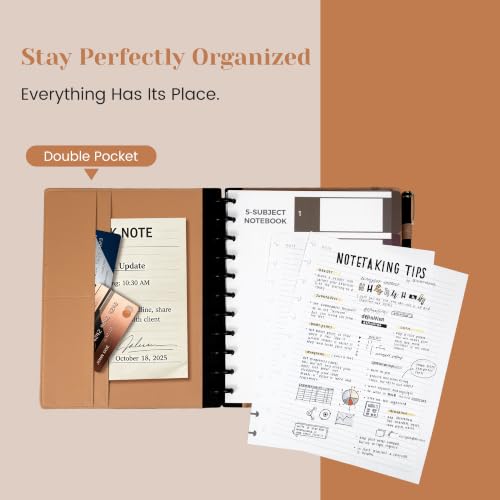 Hardcover Refillable Journal Notebook with Removable Divider Tabs, 300 Pages Leather 5 Subject Discbound Notebook College Ruled for Work School Note Taking,10x11.5" Lined Journal for Men & Women,brown - color: Brown, size: Large