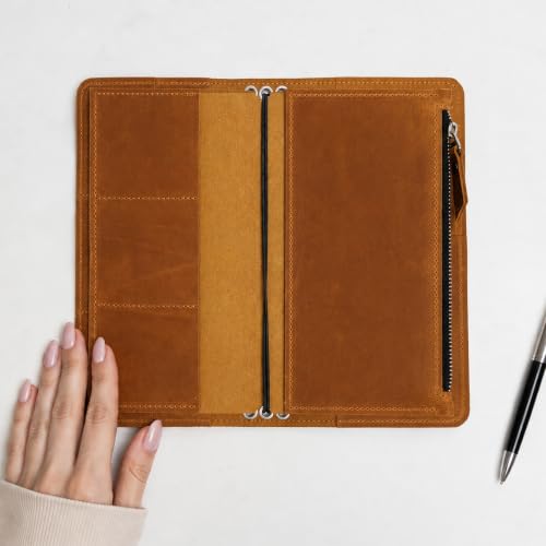 Genuine Leather Journal Insert for Regular Traveler's Notebook (4.1" x 8.3") – Refillable Notebook Organizer with Card Slots & Zipper Pocket, Handmade Leather Planner Accessory, Warm Brown - size: Regular