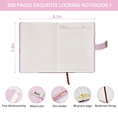 Diary Gift Set, Marble PU Leather 300 Pages Journals for Writing, Drawing Notebook with Lock Includes Combination Lock, Double Layer Pencil Pouch, Bracelet, Diamond Pen