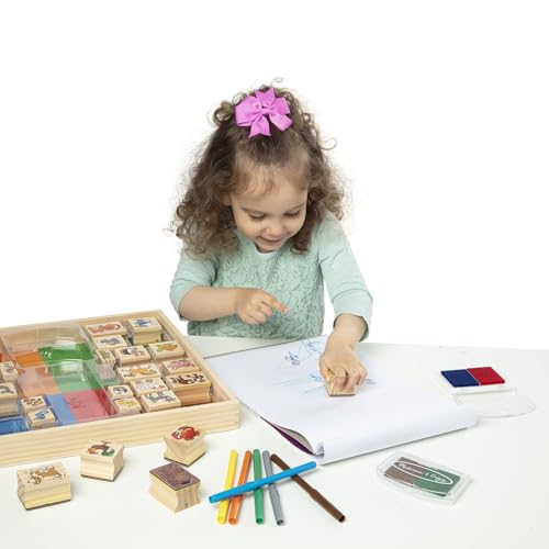Melissa & Doug Deluxe Wooden Stamp Set: Animals - 30 Stamps, 6 Markers, 2 Stamp Pads Kids Art Projects, Wooden Stamps with Washable Ink, for Kids Ages 4+ - style: Deluxe Wooden Stamp Set - Animals
