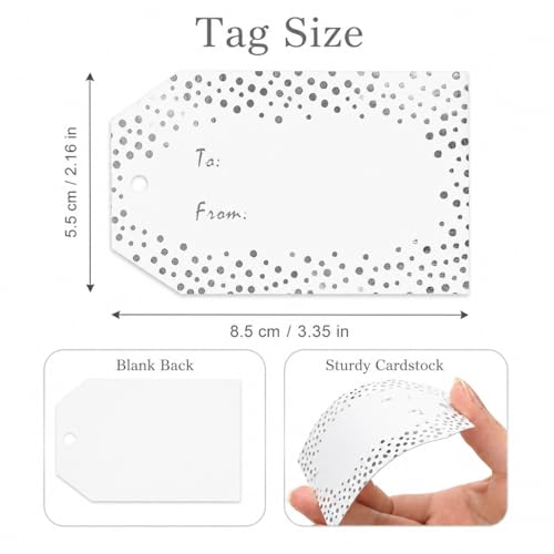 G2PLUS Silver Foil Dots Gift Tags, 50PCS to and from Tags, Gift Name Tag with String, White Paper Hang Label Tag for Present Wrapping, Wedding, Baby Shower, Christmas Party Favors (2.1x3.3 in) - style: to from-Silver Dots