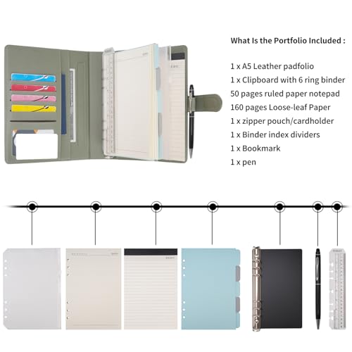 WASON A5 Binder PU Leather Journal Ring Portfolio Lined Notebook Refillable Paper Diary with Removable Clipboard Writing Notepad for Travel Business School Agenda Organizer (Green) - color: Green
