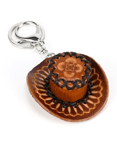 Leather Keychain Vintage Handmade Key Chain Purse Charm Gift for Women Girl - color: Brown Cowboy Hat