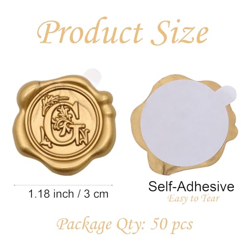 50pcs Antique Gold Wax Seal Stickers, Initial Alphabet G Envelope Seal, Self-Adhesive Letter Pre-made From Real Sealing Wax for Wedding Invitation, Gift Wrapping (G)