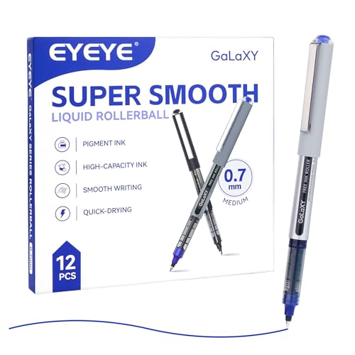 EYEYE Blue Rollerball Pens 12 Pack 0.7mm Medium Point Fine Tip Smooth Writing Pens Quick Dry Liquid Ink Pens for Journaling Note Taking Office School Supplies - color: Blue, size: 0.7mm