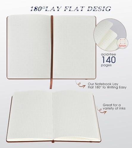 Biuwory Dotted Journal Notebook, 140 Dot Grid Pages, Medium 5.7"×8.3" | A5 Hardcover Vintage Leather Journal for Women Men, Dot Grid Paper Notebook for Work School Travel, Bullet Journaling Writing - color: Brown, size: Dotted-140 Pages (5.7"×8.3")