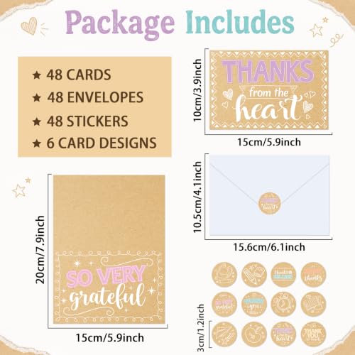 48 Pack Rustic Thank You Cards With Envelopes Cute Kraft Thank You Cards Bulk Fun Rustic Greeting Gift Kraft Blank Note Card Set with Sticker for Back to School Birthday Baby Shower Supplies 4x6inch