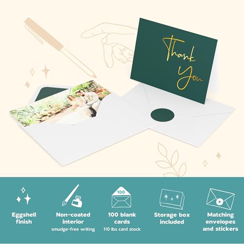 VNS Creations Thank You Cards With Envelopes - 100 Pack 4 x 6 Blank - Green - color: Post Green (Gold Foil), size: 100 Pack - 4" x 6" (Value Pack)