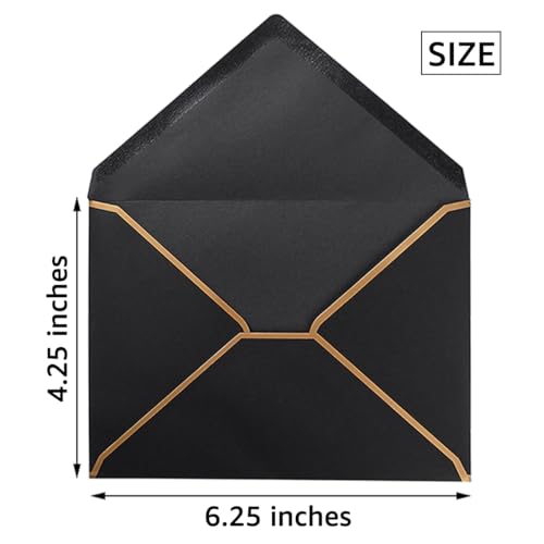 50 Pack A4 Envelopes Black 4x6 with Gold Border, 4.25x6.25 | Self-Adhesive, V Flap, For Wedding, Graduation, Baby Shower, Parties, Invitations - color: Black, size: A4 (4.25x6.25)