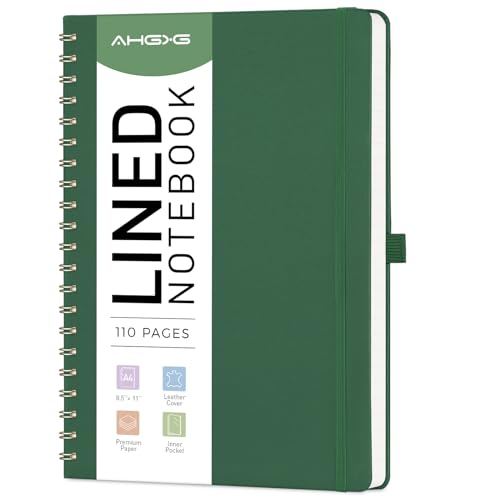 AHGXG Lined Spiral Journal Notebook, 110 Pages, A4 (8.5" x 11") | Journals for Women, Hardcover Leather Notebook College Ruled, 100 GSM Paper, for Work School Note Taking (Dark green) - color: Dark Green, size: A4