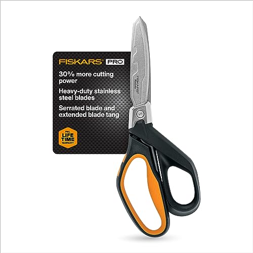 Fiskars Pro PowerArc Shop Shears, Heavy Duty Stainless Steel Scissor, Industrial Grade Tool for Building and Construction, 10 in, Orange/Black