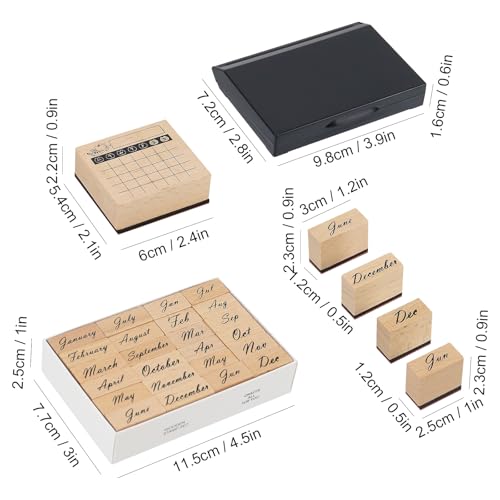 Koqye 25PCS Vintage Wooden Rubber Stamps Set with Large Black Ink Pad - color: Month & Calendar