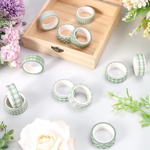 Whaline 12 Rolls Sage Green Plaid Washi Tape Masking Tape Set Pastel Green Gingham Decorative Wrapping Paper Tapes Boxed for Wedding Scrapbook Journal DIY Crafts - style: Plaid