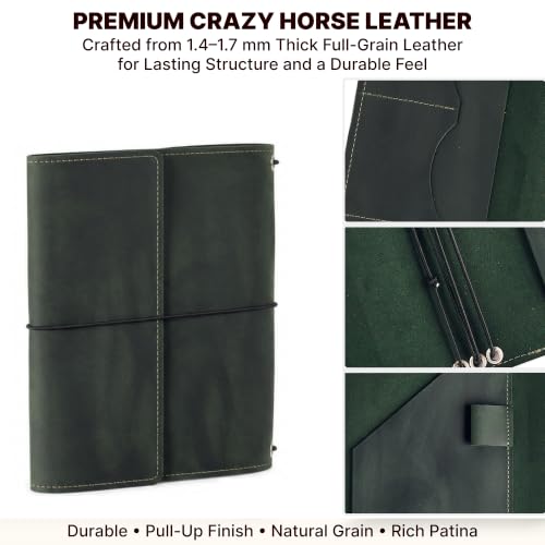 OMBUO Full-Grain Leather A5 Journal Cover – Refillable Traveler’s Notebook Case with 3 Elastic Bands, Pen Loop & Card Pockets – Fits A5/Half-Letter Inserts (Paper Not Included), Green