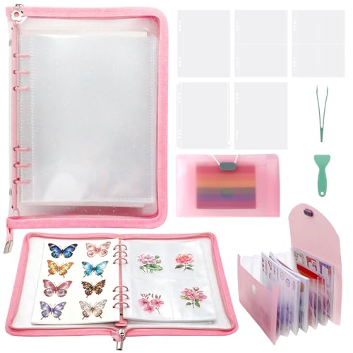 8-in-1 Sticker Organizer Binder, High‑Capacity A5 Reusable Sticker Book Collecting Binder with Storage Pages, Release Paper, Zipper Pouch, Mini Accordion Sticker Storage Album, Tweezers and Squeegee - color: Pink
