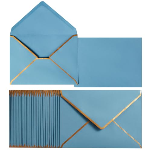 50 Pack A7 Envelopes Dusty-Blue 5 x 7 with Gold Border | Self-Adhesive, V Flap, For Wedding, Graduation, Baby Shower, Parties, Invitations - color: Dusty-Blue, size: A7 (5.32x7.28)