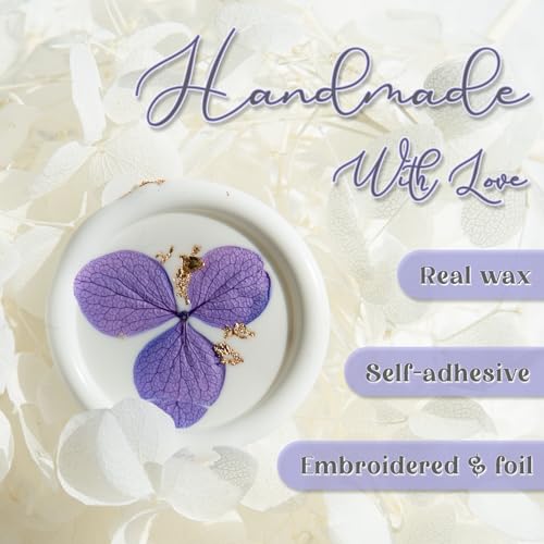 Nuvretk 20pcs White Wax Seal Stickers with Dried Flowers & Gold Foil – Handmade Envelope Seals for Wedding Invitations & Gift Wrapping (Purple) - color: Purple