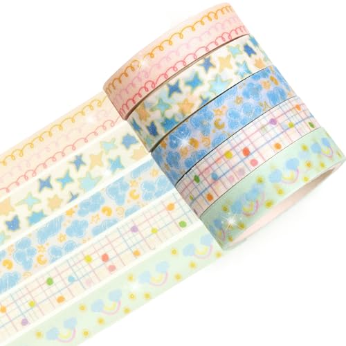 Cute Pattern Washi Tape Set 5 Rolls Glitter Cover Decorative Wide Kawaii Masking Tapes for Arts, DIY Crafts, Journals, Planners, Scrapbook, Wrapping (5 Soft Rainbow) - color: 5 Soft Rainbow