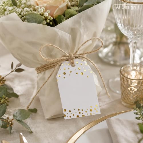 G2PLUS Gold Foil Dots Gift Tags, 50 Pcs White Paper HangTags with String, Metallic Gold Dots Present Tags, Personalized Blank Labels for Wedding, Birthday, Party Favors (3.34"×2.16") - style: Blank-Gold Dots