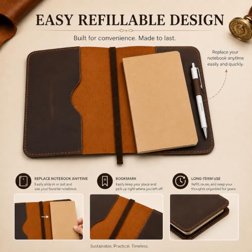 Refillable A5 Leather Journal Cover 5.75 x 8.25 in, Brown - color: Brown