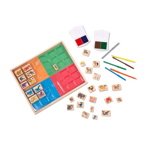 Melissa & Doug Deluxe Wooden Stamp Set: Animals - 30 Stamps, 6 Markers, 2 Stamp Pads Kids Art Projects, Wooden Stamps with Washable Ink, for Kids Ages 4+ - style: Deluxe Wooden Stamp Set - Animals