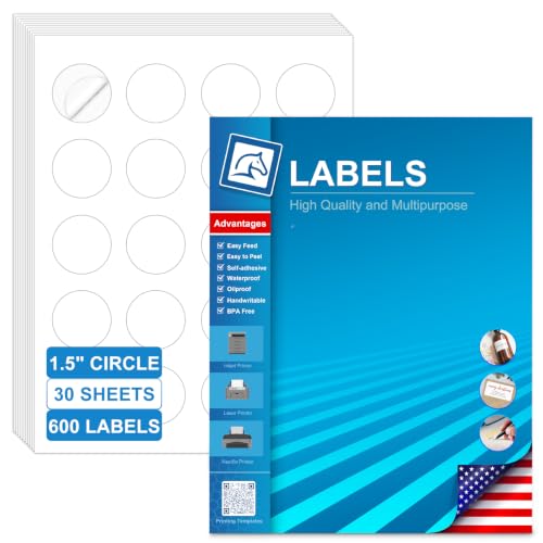 1.5 Inch Round Labels for Laser & Inkjet Printers, Printable Circle Stickers for Wedding Favor, Candle, Cosmetic Jar & Handmade Craft Labels, 600 Adhesive Labels (30 Sheets) with Free Template - size: 1.5 IN-30 Sheets(HB-C020)