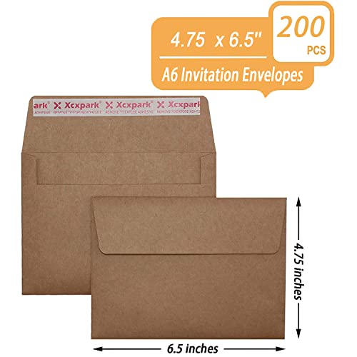 Xxcxpark 200 Qty Printable A6 Invitation Envelopes 4.75 x 6.5 Cards, Self Seal 120GSM Brown Paper Envelopes for Invitations, Papers, Photos, Documents, Wedding, Baby Shower, Easy to Seal and Peel - color: Brown, size: 200 Qty A6 Envelopes (4.75" x 6.5")