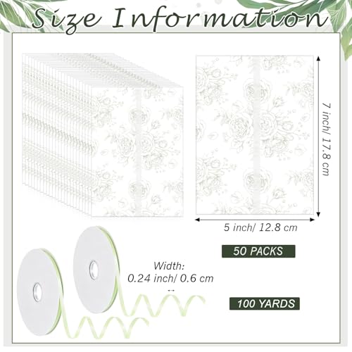 100 Pcs Pre Folded Floral Vellum Jackets for 5x7 Invitations, Wedding Translucent Vellum Paper with Ribbon, Envelope Liners for Wedding Bridal Baby Shower Birthday Mother Event(Sage Green) - color: Sage Green