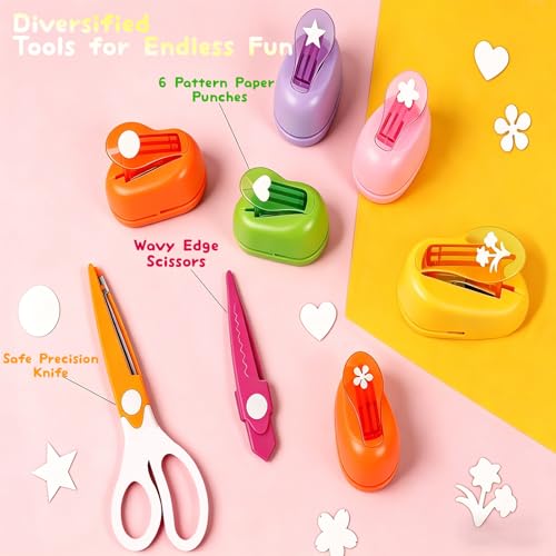 Kids Paper Craft Kit, Decorative Edge Scissors & 7 Hole Punch Shapes Set, Hole Puncher for Crafts with Storage Case, Paper Punches for Crafting, DIY Scrapbooking Art Supplies for Girls & Boys