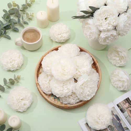 Suncalla Artificial Peony Rose Flowers Heads 4.7 Inches Silk Fake Peony Head Flowers for Wedding Bridal Bouquet Home Floral DIY Centerpieces Tables Party Decorations(White,25 Pcs) - color: White