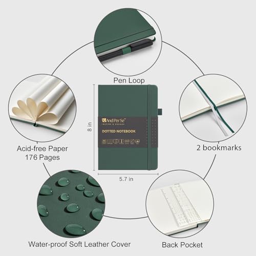 &And Per Se Dotted Notebook with Pen, 176 Numbered Dotted Pages, A5 Hardcover, Journal Stencils & Fineliner Pen for Beginners Women Men (Green) - color: Green, size: 176-Dotted