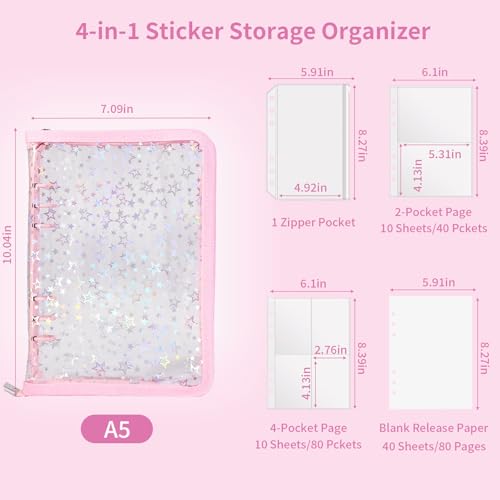 4 In 1 Sticker Storage Organizer, A5 Sticker Binder with Storage Pocket & Release Paper, Glitter Reusable Stickers Book Collecting, Blank Stickers Album Holder for Adult Container Display(Pink) - color: Pink