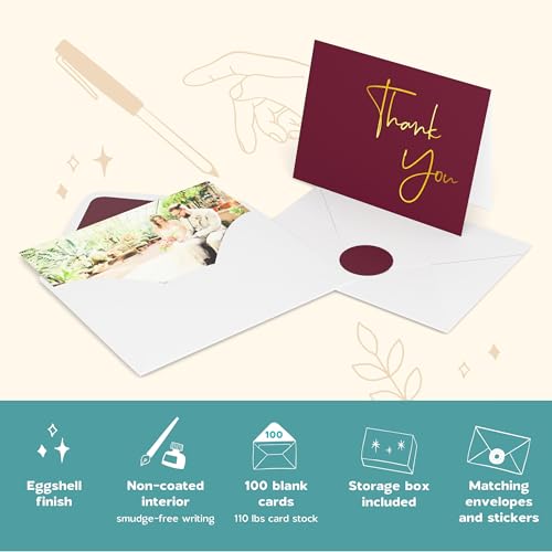 VNS Creations Thank You Cards With Envelopes - 100 Pack 4 x 6 Blank - Wine - color: Wine (Gold Foil), size: 100 Pack - 4" x 6" (Value Pack)