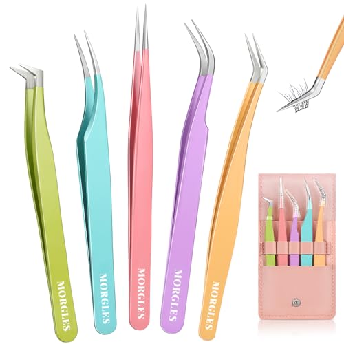 MORGLES High Precision Lash Tweezers Set, 5 in 1 Eyelash Extension Tweezers - color: Pink
