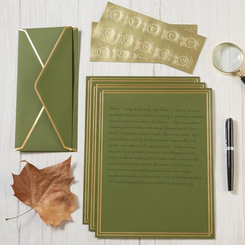 50 Pack Stationery Set with Envelopes, Olive Green, 8.5x11 Inches - color: Olive Green, size: 8.5x11 Inches