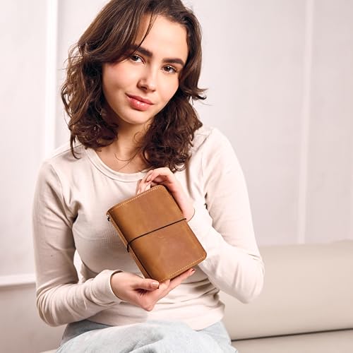 TORAKIP Leather Journal Cover A6 – Handmade Refillable Notebook Cover Fits A6 Inserts 4.1" x 5.8", With 2.2" Spine, 5 Elastic Bands, Pen Holder & Card Pockets (Paper Not Included), Caramel Brown - size: A6