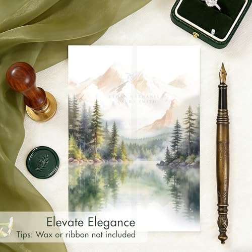50 Pack Pre-Folded Vellum Jackets for 5x7 Invitations,AZAZA Translucent Invitation Sleeves,115GSM Vellum Jackets 5x7, Wedding Invitation Accessories, for Weddings Birthdays,Watercolor Forest Landscape - color: 50Pack--Watercolor Forest Landscape