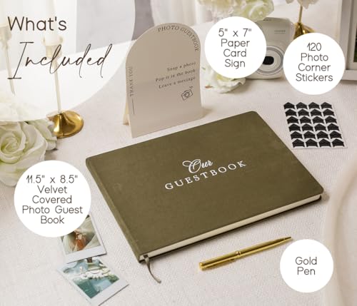 Velvet Photo Guest Book Set (Olive) - Photo Corner Stickers, Gold Pen, Sign