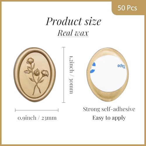 UNIQOOO Wax Seal Stickers - 3D Flower Oval Shape Wedding Invitation Envelope Seal Stickers, 50 Pcs Self- Adhesive Prosecco Metallic Light Gold Sticker, Perfect for Invitation, Christmas, Gift - color: Oval Flower, Light Gold